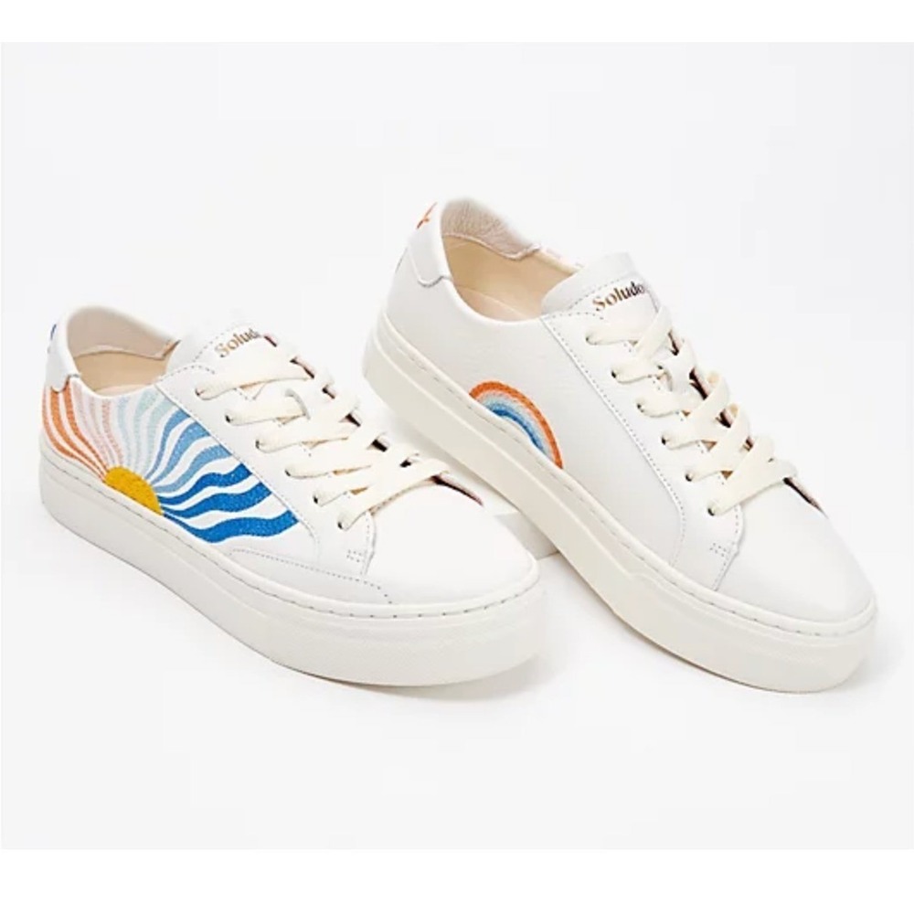 Soludos Women Ibiza Platform Leather Sneakers 5 White Groovy Wave School Rainbow